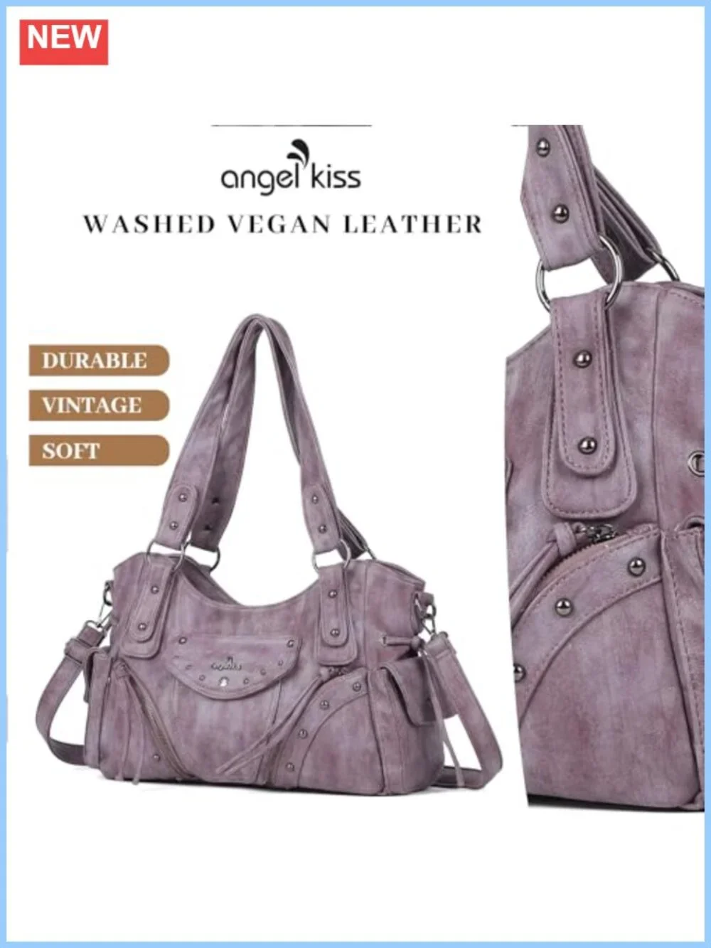 Retro Washed Vegan Leather Hobo Bag with Studded Accents and Crossbody Strap